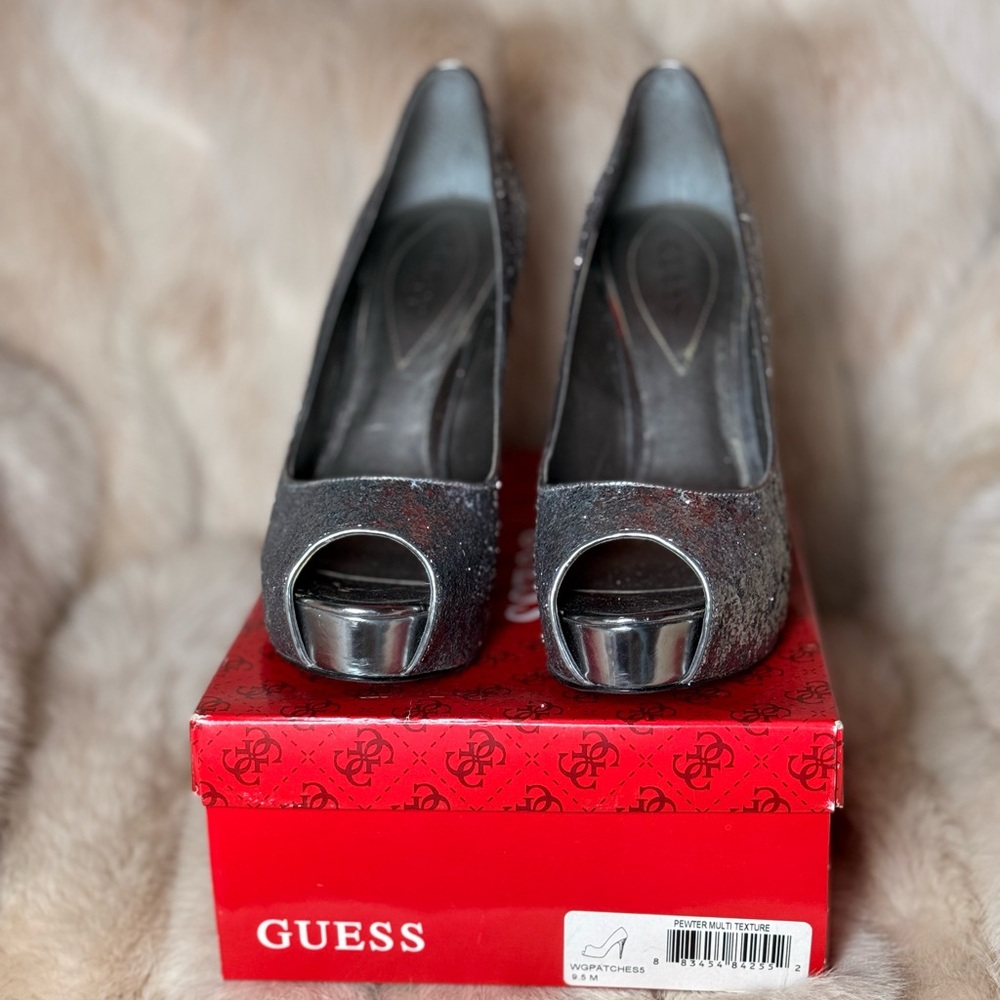 Guess Women's Sparkling Silver Peep Toe Heels - Picture 6 of 6